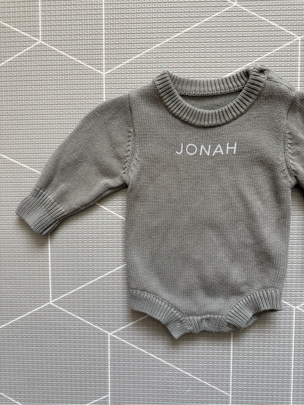 Caden Lane|Baby boy Sage cozy thick Knit bubble Romper-customized Jonah name•NB